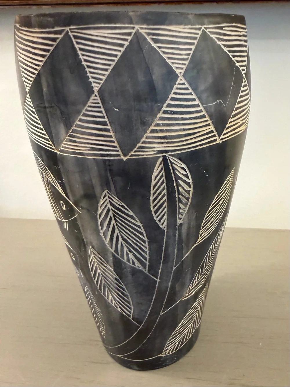 Hand Carved African Soapstone Vase Fish Plants Black White 8” Vessel